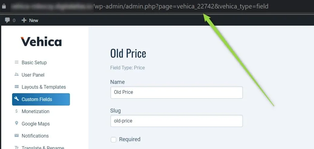 The Old Price field settings (field type: Price). The address bar reads /wp-admin/admin.php?page=vehica_22742&vehica_type=field, with an arrow on the number; the site domain is blurred out.