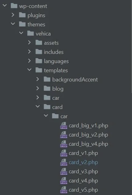 A code editor file tree: wp-content > themes > vehica > templates > card > car, containing card_big_v1.php, card_big_v2.php, card_big_v4.php, card_v1.php, card_v2.php (selected), card_v3.php, card_v4.php and card_v5.php.
