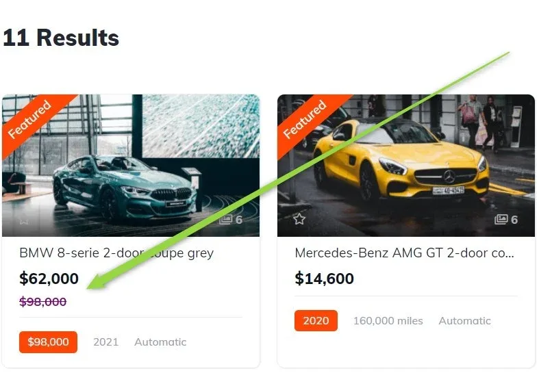 Inventory with 11 results. The first card, “BMW 8-serie 2-door coupe grey”, shows $62,000 with $98,000 struck through in purple underneath, and a $98,000 chip in the spec row below it.