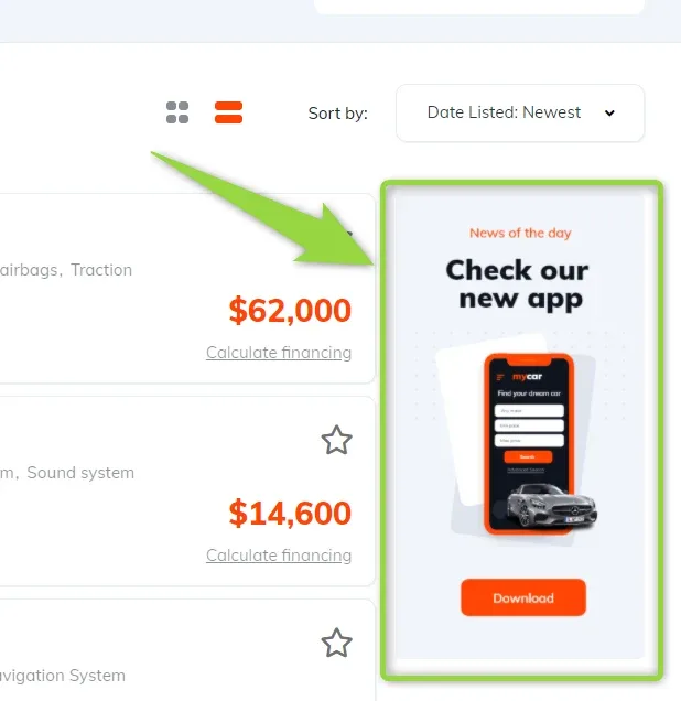 Inventory row view with an arrow pointing at the sidebar block on the right: an orange and white "News of the day — Check our new app" banner showing a phone mockup and a Download button