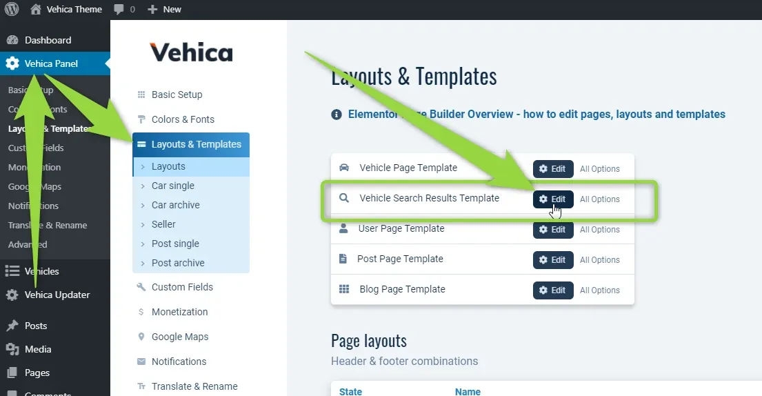 Vehica Panel > Layouts & Templates screen with arrows pointing at the Vehica Panel menu item, the Layouts & Templates entry and the Edit button next to "Vehicle Search Results Template"
