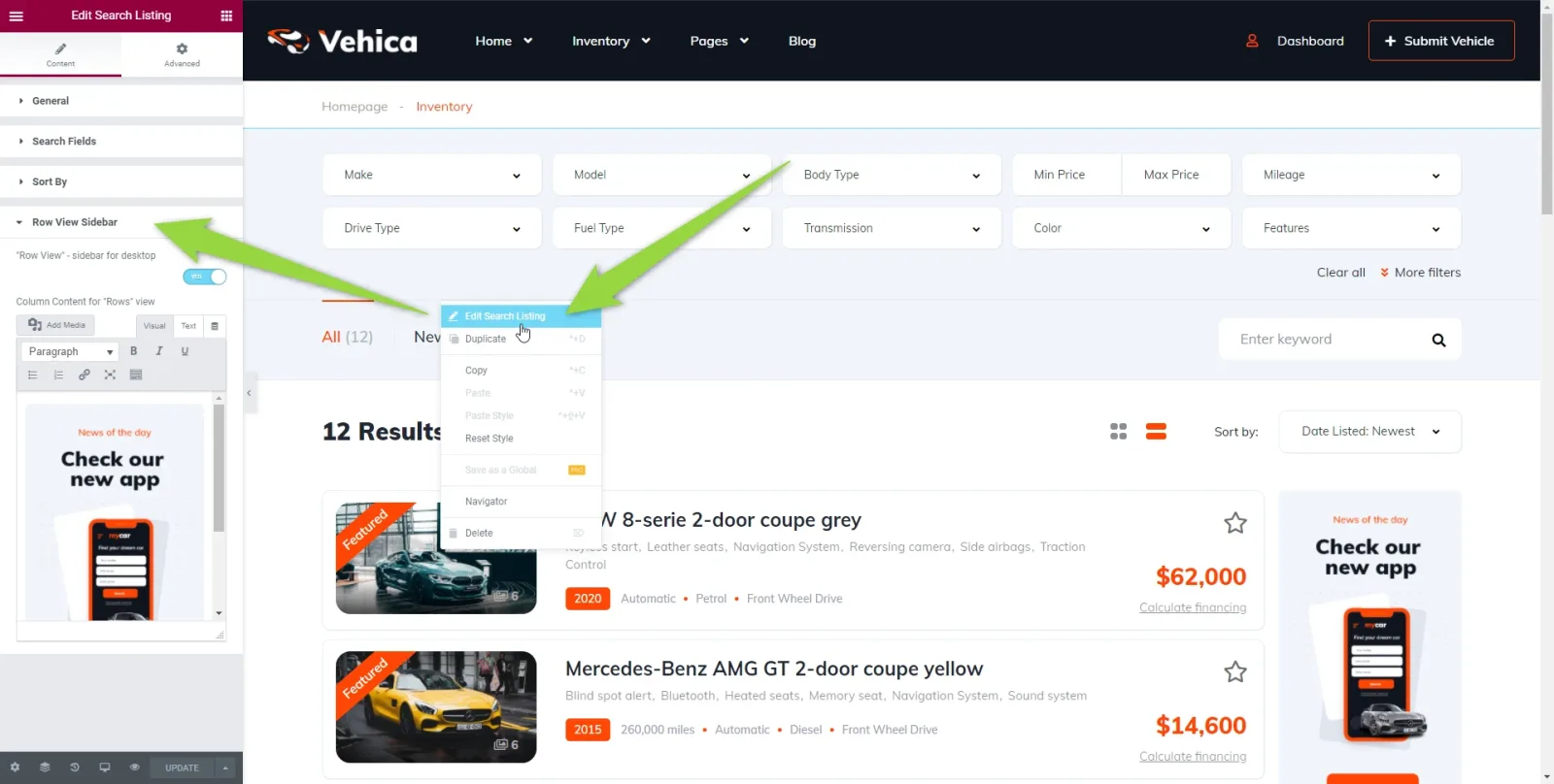Elementor editing the Vehicle Search Results Template: a dropdown is open in the "Edit Search Listing" panel with arrows pointing at it, the panel below shows the "Check our new app" block, and the preview on the right shows the inventory results with the same ad in the sidebar