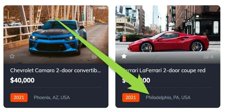 Two listing cards — a blue Chevrolet Camaro and a red Ferrari LaFerrari — with an arrow pointing to the location text, Phoenix, AZ, USA and Philadelphia, PA, USA, next to the orange 2021 badge at the bottom of each card.