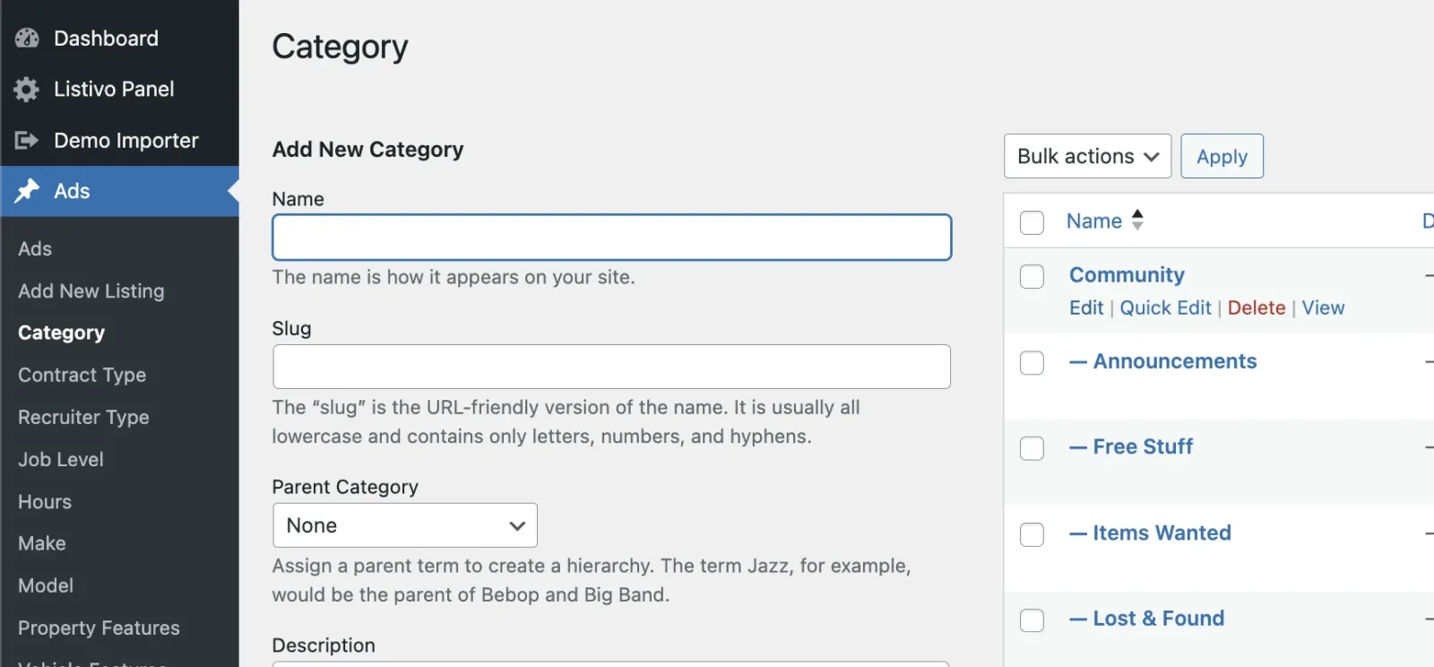 WordPress Category taxonomy screen with the Add New Category form on the left and the term list on the right showing Community, Announcements, Free Stuff, Items Wanted and Lost & Found.