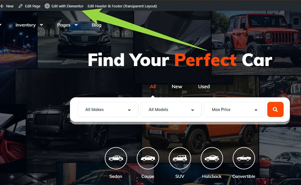 Vehica homepage with the WordPress admin toolbar at the top and an arrow pointing at "Edit with Elementor", above the "Find Your Perfect Car" hero and its search form