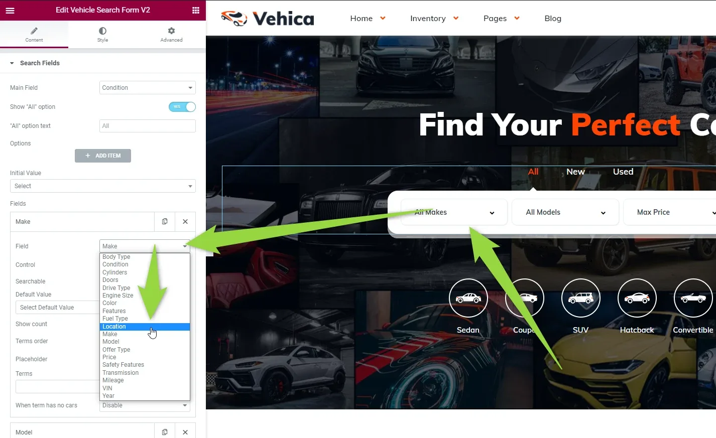 Elementor "Edit Vehicle Search Form V2" panel with the Field dropdown open and "Location" highlighted in the list of field types; arrows point from the dropdown across to the first field of the form in the preview