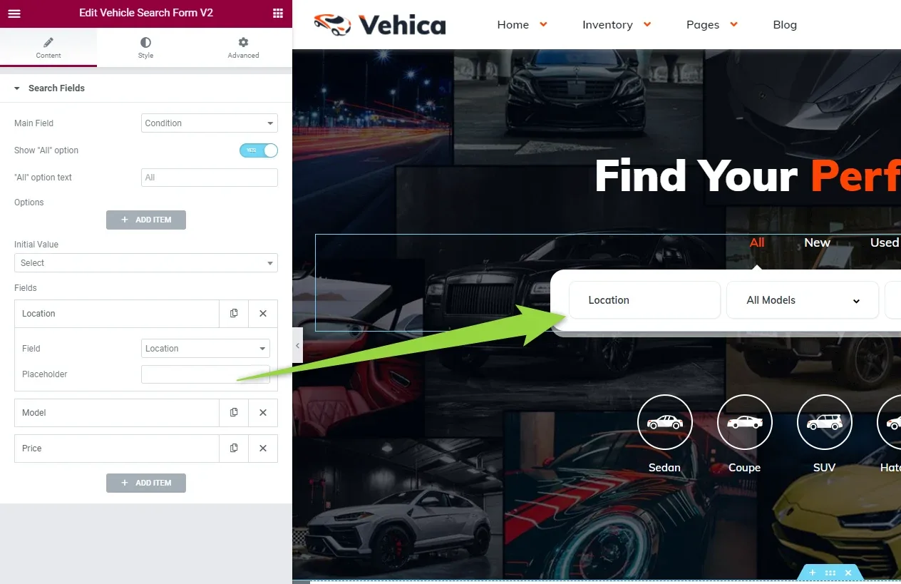 The search form after the change: its first field now reads "Location", and the Elementor panel on the left lists a Location field with a Placeholder setting