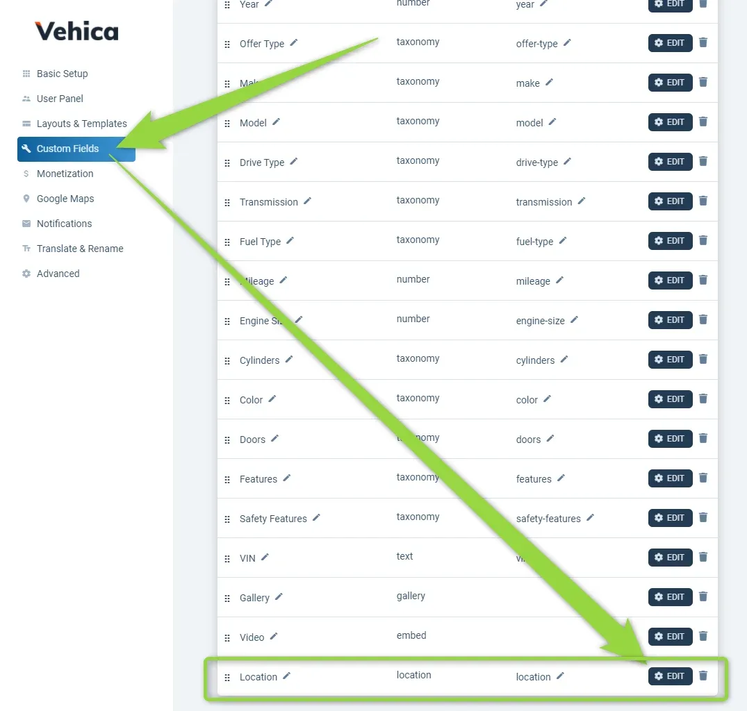 Vehica Panel > Custom Fields list with arrows pointing at the Custom Fields menu item and at the Edit button on the "Location" row at the bottom of the field list