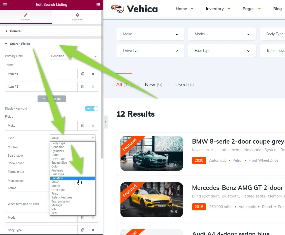 Elementor "Edit Search Listing" panel on the inventory template with the Field dropdown open and "Location" highlighted; the preview on the right shows the filter row above 12 results