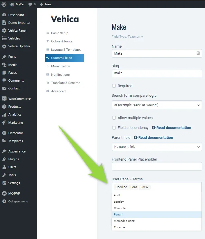 The Make field settings page, with an arrow pointing to the User Panel - Terms box holding Cadillac, Ford and BMW, and an open suggestion list showing Audi, Bentley, Chevrolet, Ferrari, Mercedes-Benz and Porsche.