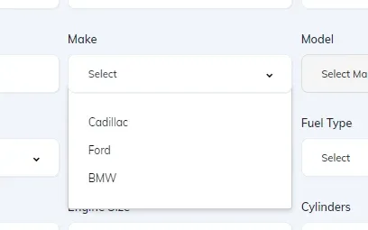 The Make dropdown on the front-end submit vehicle form, open and listing Cadillac, Ford and BMW in that order, beside the Model and Fuel Type fields.