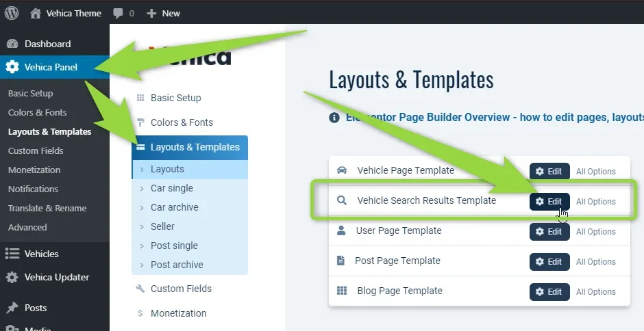 Vehica Panel > Layouts & Templates screen with arrows pointing at the Vehica Panel menu item, the Layouts & Templates entry and the Edit button next to "Vehicle Search Results Template"