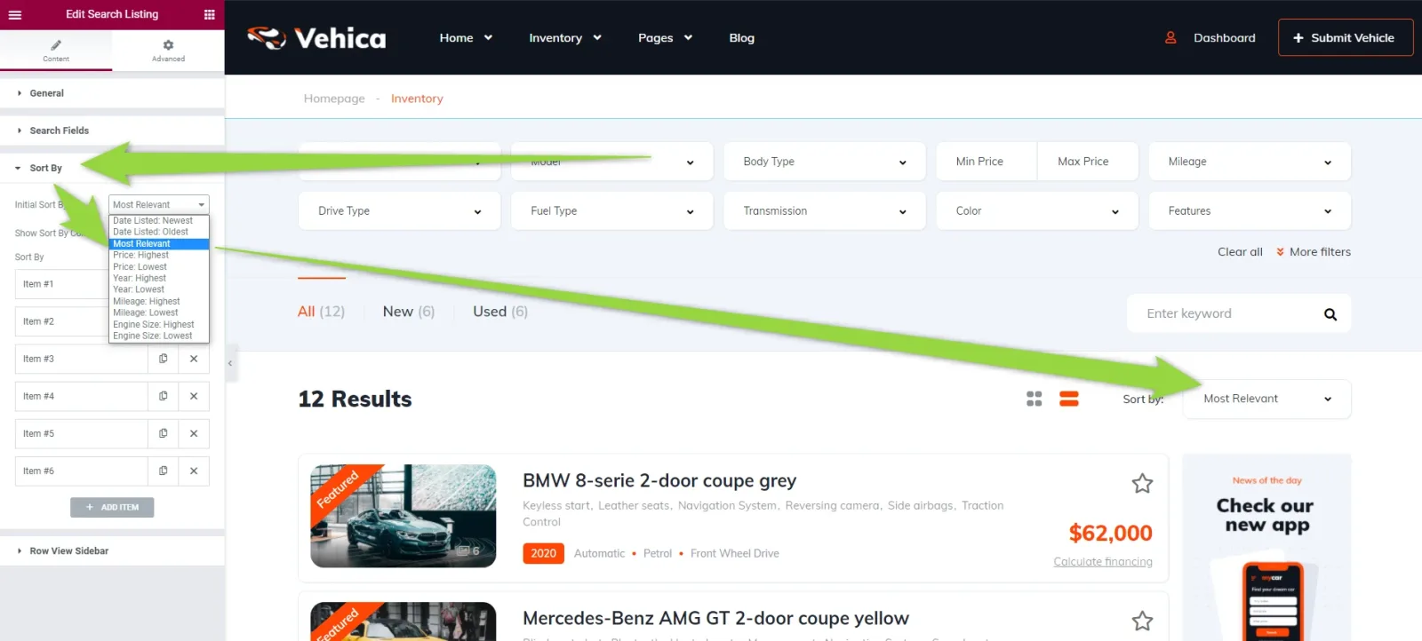 Elementor editing the inventory template: the left panel shows the Sort By settings with the list of sort options open, and arrows point across the preview to the Sort By control above the 12 search results
