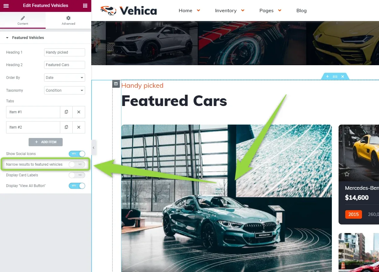 Elementor "Edit Featured Vehicles" panel with the "Narrow results to featured vehicles" toggle highlighted, next to the "Featured Cars" section in the page preview