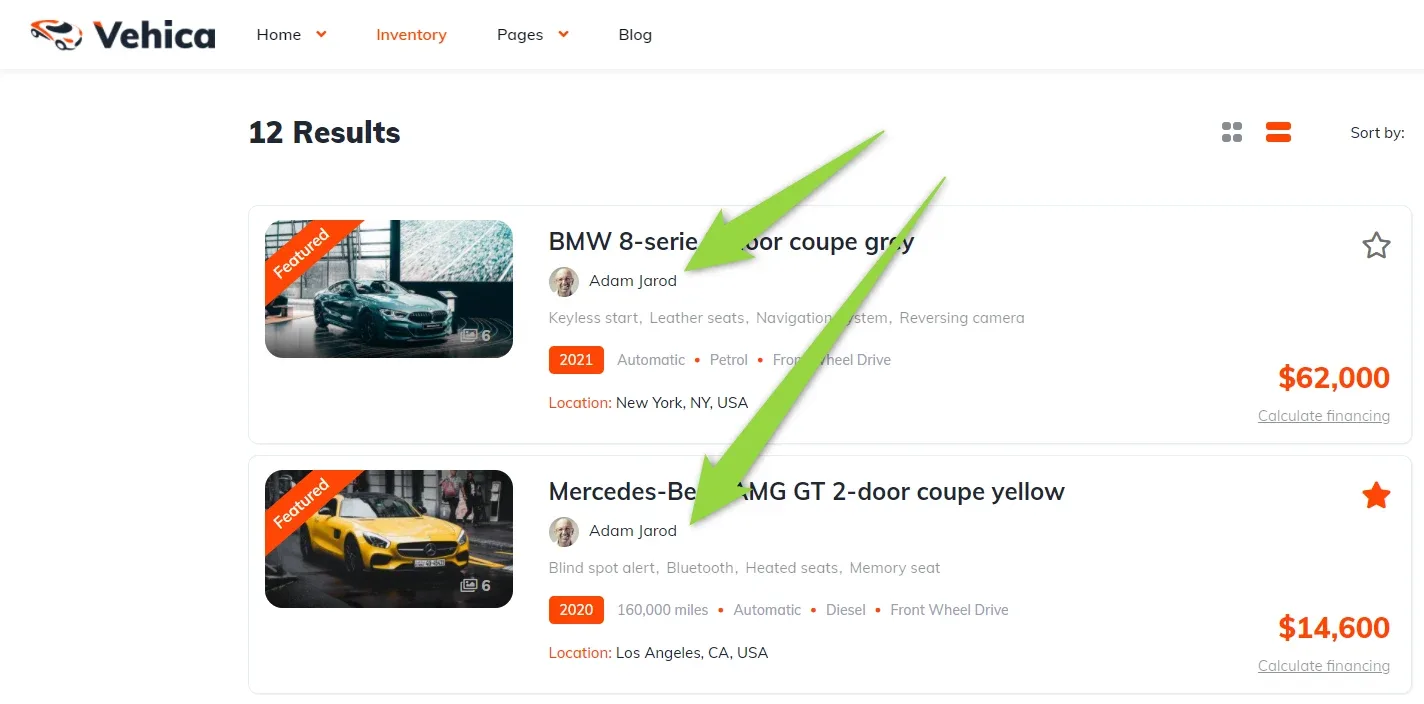 Vehica inventory page in row layout with 12 results; arrows point to the small round avatar and seller name Adam Jarod shown under the title of the BMW and Mercedes-Benz listings.