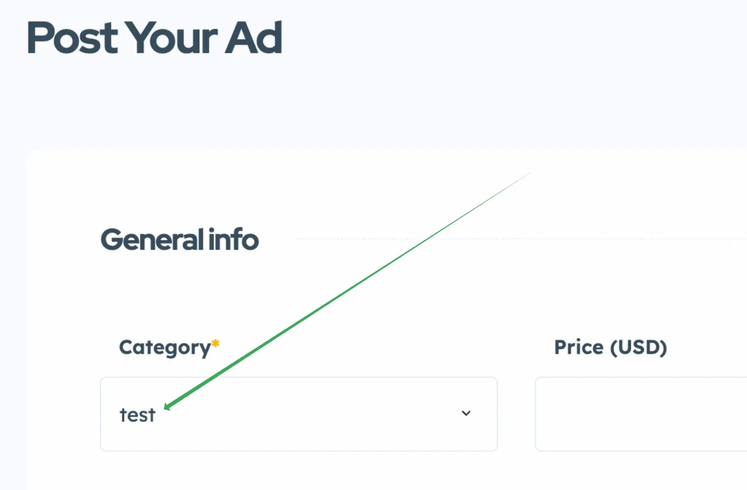 The Post Your Ad form with the Category dropdown showing "test" as its placeholder, next to the Price (USD) field.