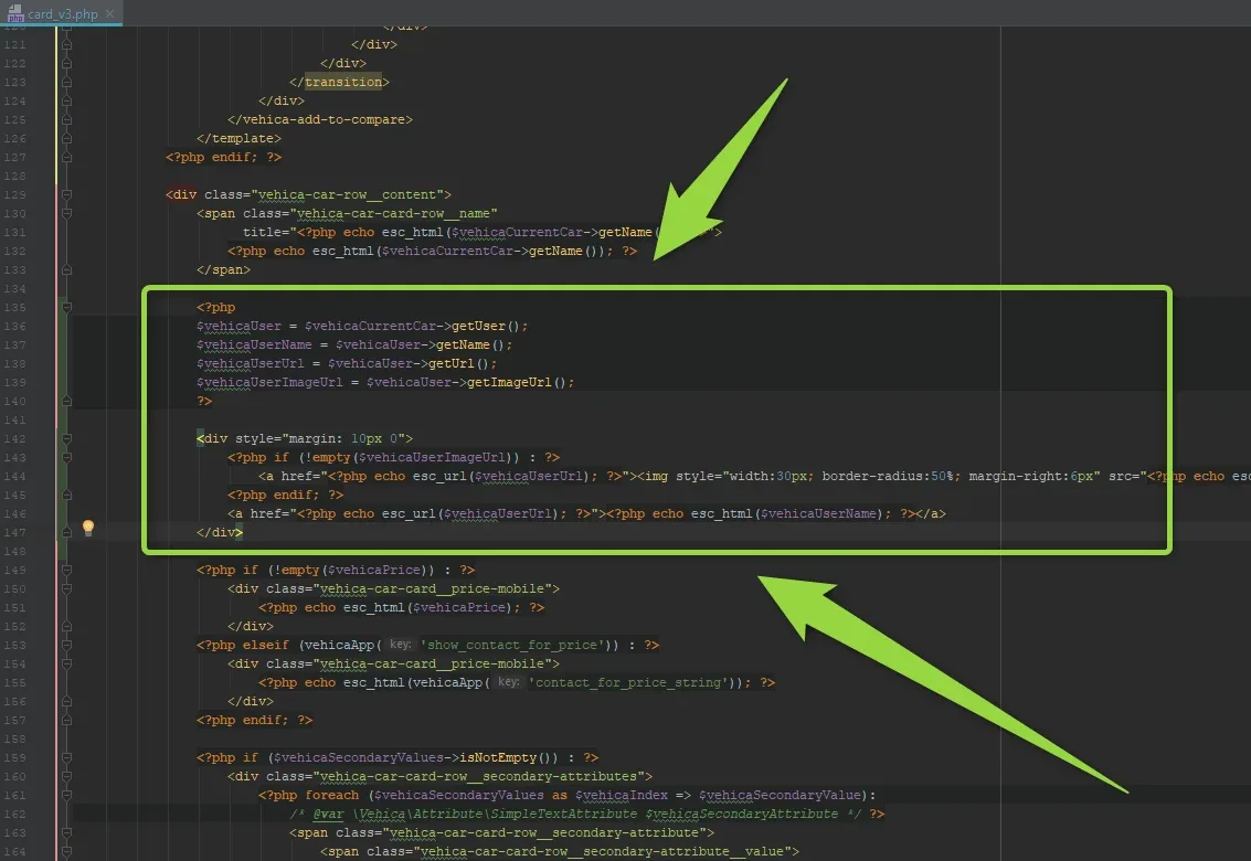 The card template open in a code editor: the user snippet sits in a highlighted green box directly below the block that outputs the card title link, with an arrow pointing at it.
