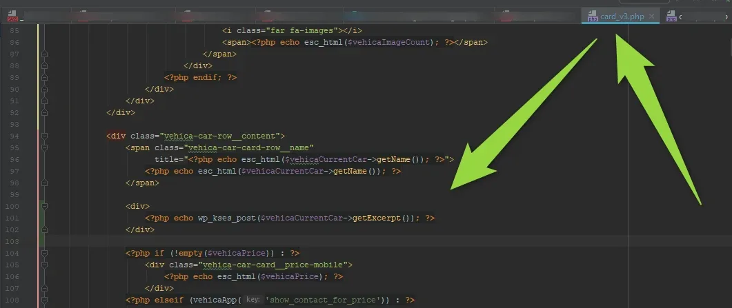 A code editor showing the card template with the wp_kses_post($vehicaCurrentCar->getExcerpt()) line pasted inside a div after the card title; arrows point at that line and at the editor's save button
