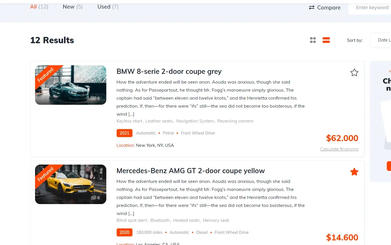 Inventory row view with 12 results, where each listing now shows a paragraph of description text between the title and the specification tags