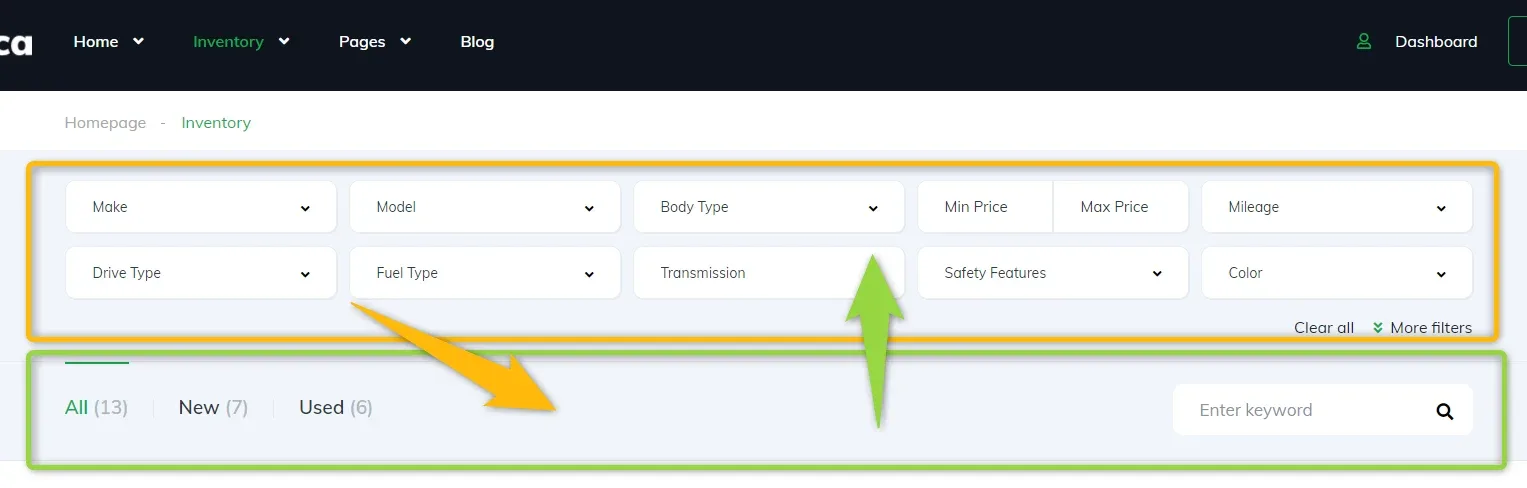 Top of the inventory page: the rows of filter fields outlined in orange and, below them, the bar with the All / New / Used tabs and the keyword box outlined in green, with an arrow pointing at each