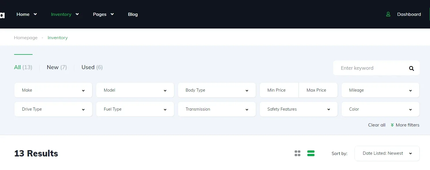 The same inventory page after the change: the bar with the All (13) / New (7) / Used (6) tabs and the keyword box now sits above the two rows of filter fields, with "13 Results" underneath