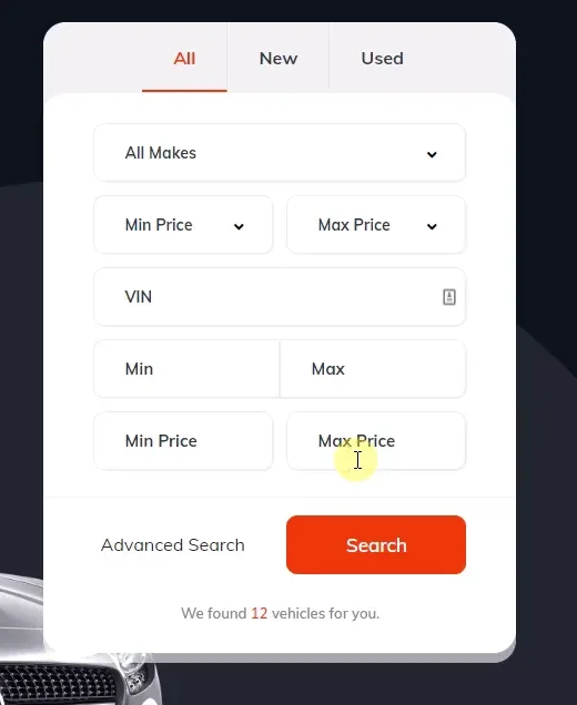 The Vehica search form with All / New / Used tabs above the All Makes, Min Price, Max Price, VIN and Min / Max fields, a highlighted text cursor over the Max Price field, and the orange Search button under Advanced Search.