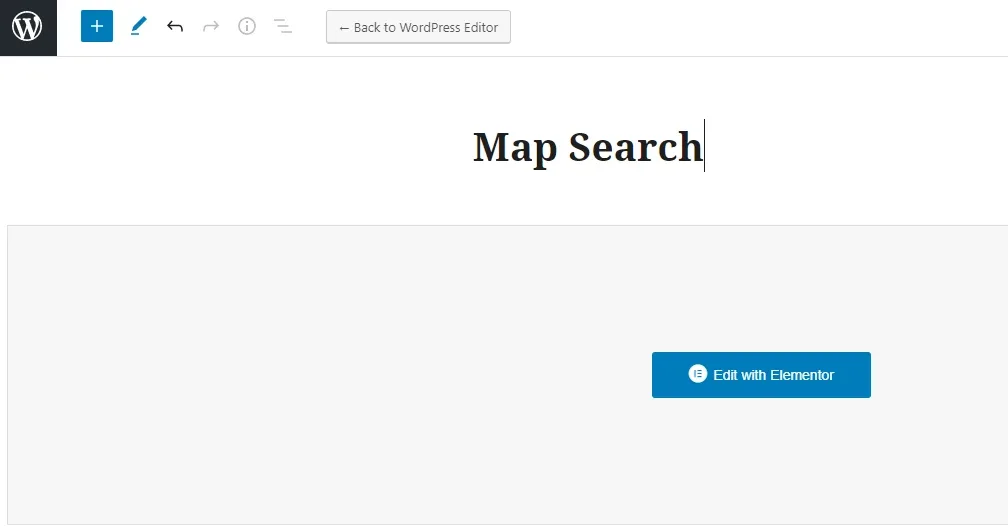 A new WordPress page with the title Map Search typed in, and the blue Edit with Elementor button on the empty content area below it.