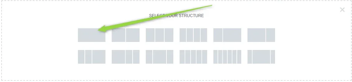 Elementor's "Select your structure" chooser inside the empty section, with an arrow pointing to the single-column structure on the left.