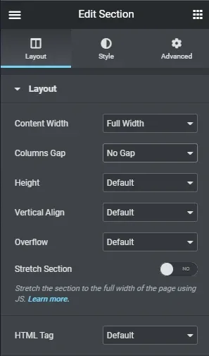 Elementor's Edit Section panel on the Layout tab: Content Width is set to Full Width and Columns Gap to No Gap, with Height, Vertical Align and Overflow left at Default.