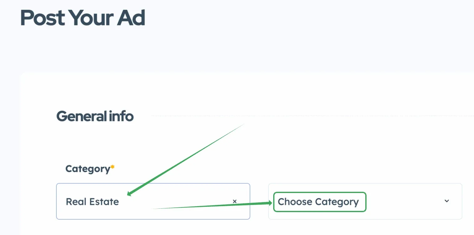 The Post Your Ad form with Real Estate chosen in the Category field and a second dropdown next to it showing the placeholder "Choose Category".