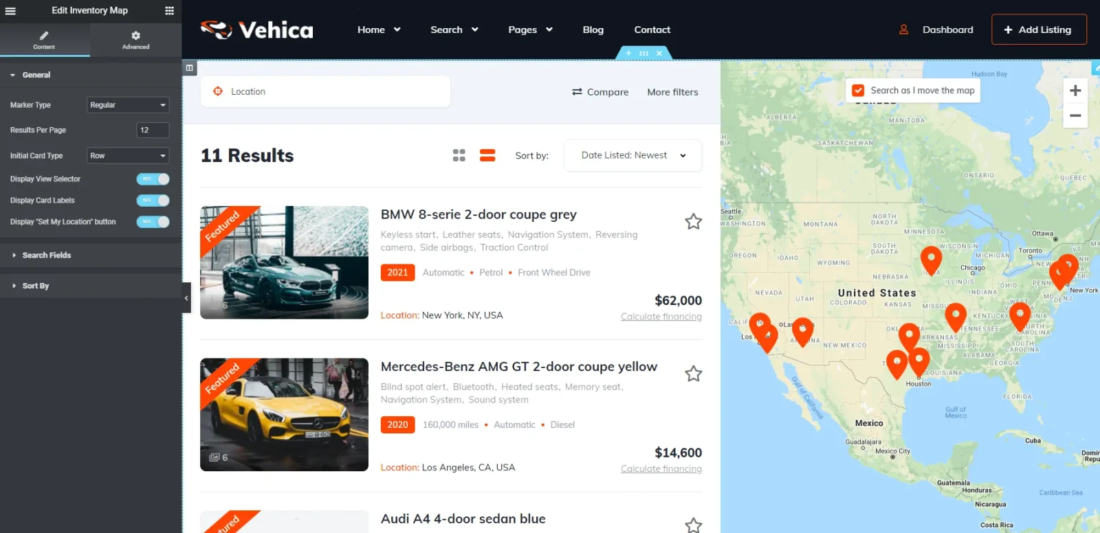 The Elementor editor with the Edit Inventory Map settings panel on the left, and the preview showing 11 results in a list beside a Google map of the United States covered in orange price markers.