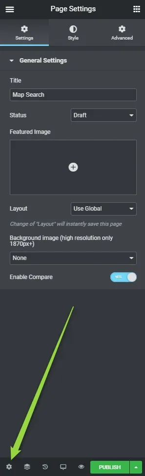 Elementor's Page Settings panel for the page titled Map Search, with Enable Compare switched to YES, and an arrow pointing down to the gear icon in the bottom-left corner of the panel.