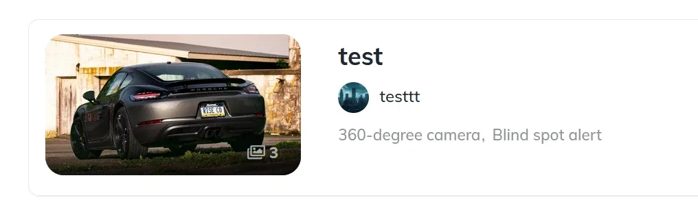A single row listing card showing a dark Porsche photo, the listing title "test" and, underneath it, a small round avatar with the username "testtt", followed by the attributes 360-degree camera, Blind spot alert.