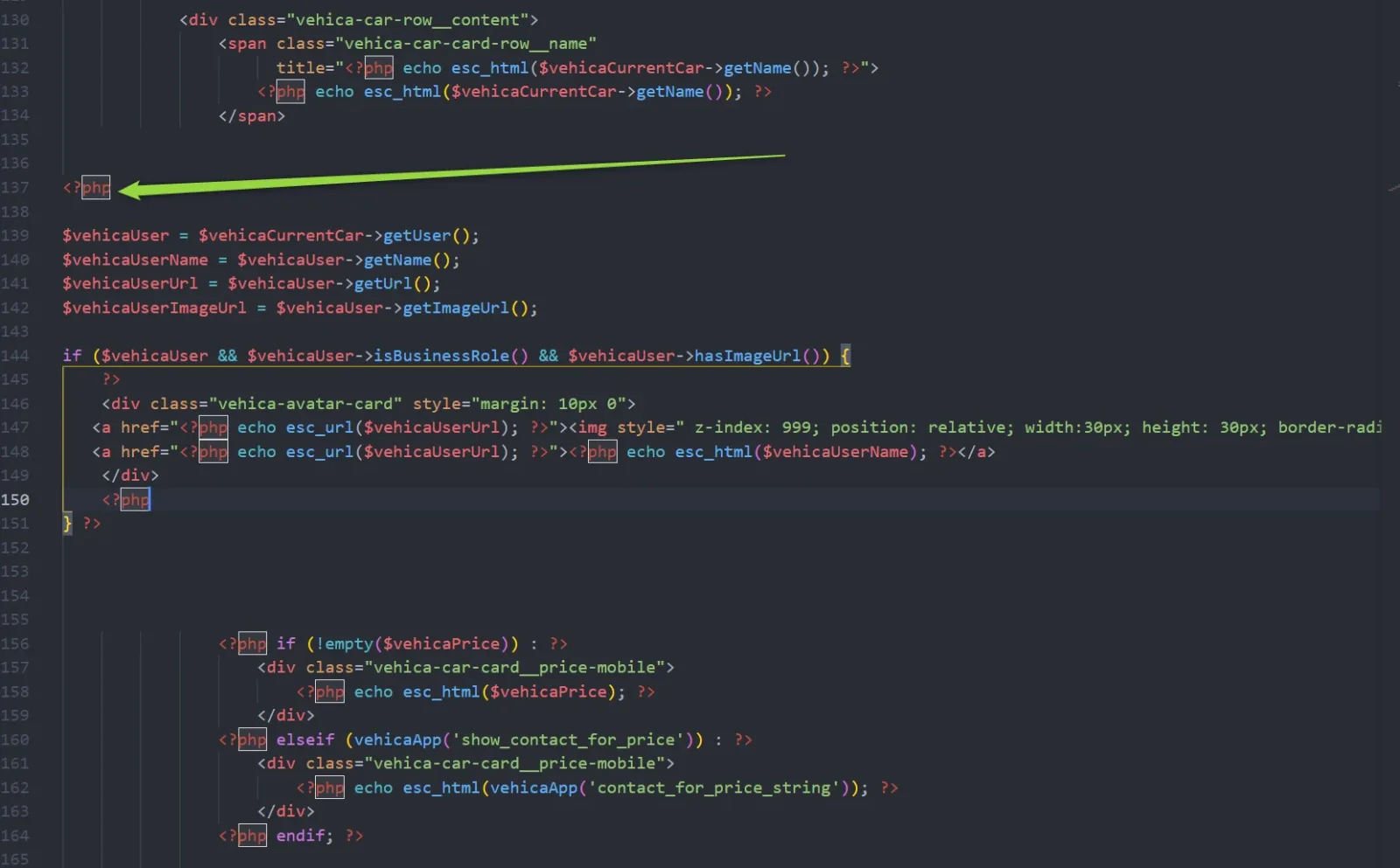 The card template open in a code editor, with an arrow pointing to the inserted PHP block that reads the user and renders the avatar and name links, placed directly below the markup that outputs the card title.