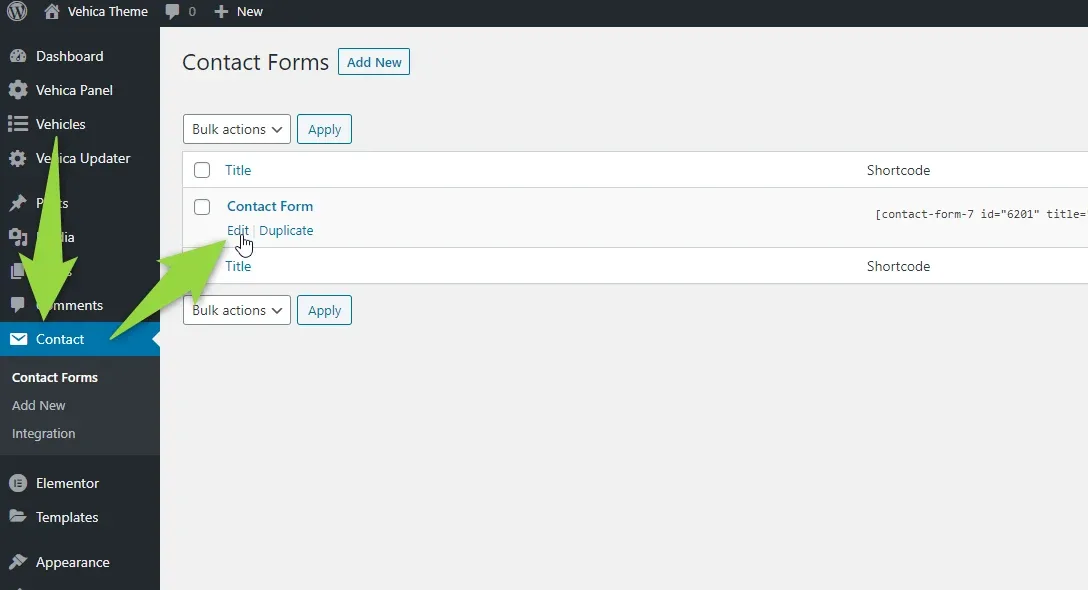 The Contact Forms list in the WordPress admin of a Vehica site, with arrows pointing to the Contact menu in the sidebar and to the Edit link that appears under "Contact Form".