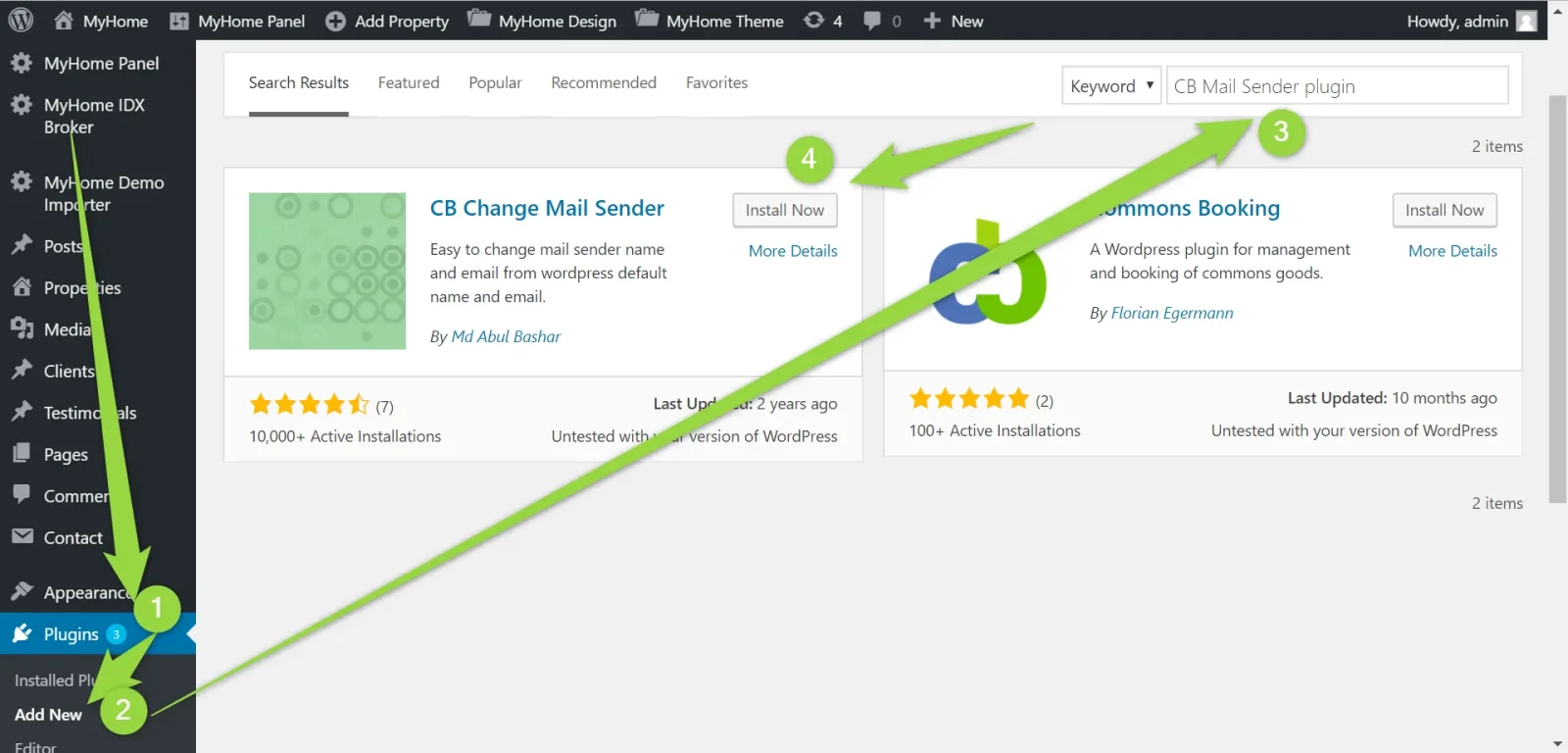 The WordPress Add Plugins screen with "CB Mail Sender plugin" in the keyword box; numbered arrows point to Plugins in the sidebar, Add New, the search box and the Install Now button on the CB Change Mail Sender card.