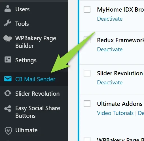 The WordPress sidebar with an arrow pointing at the CB Mail Sender entry below Settings, while the installed plugins list is open on the right.