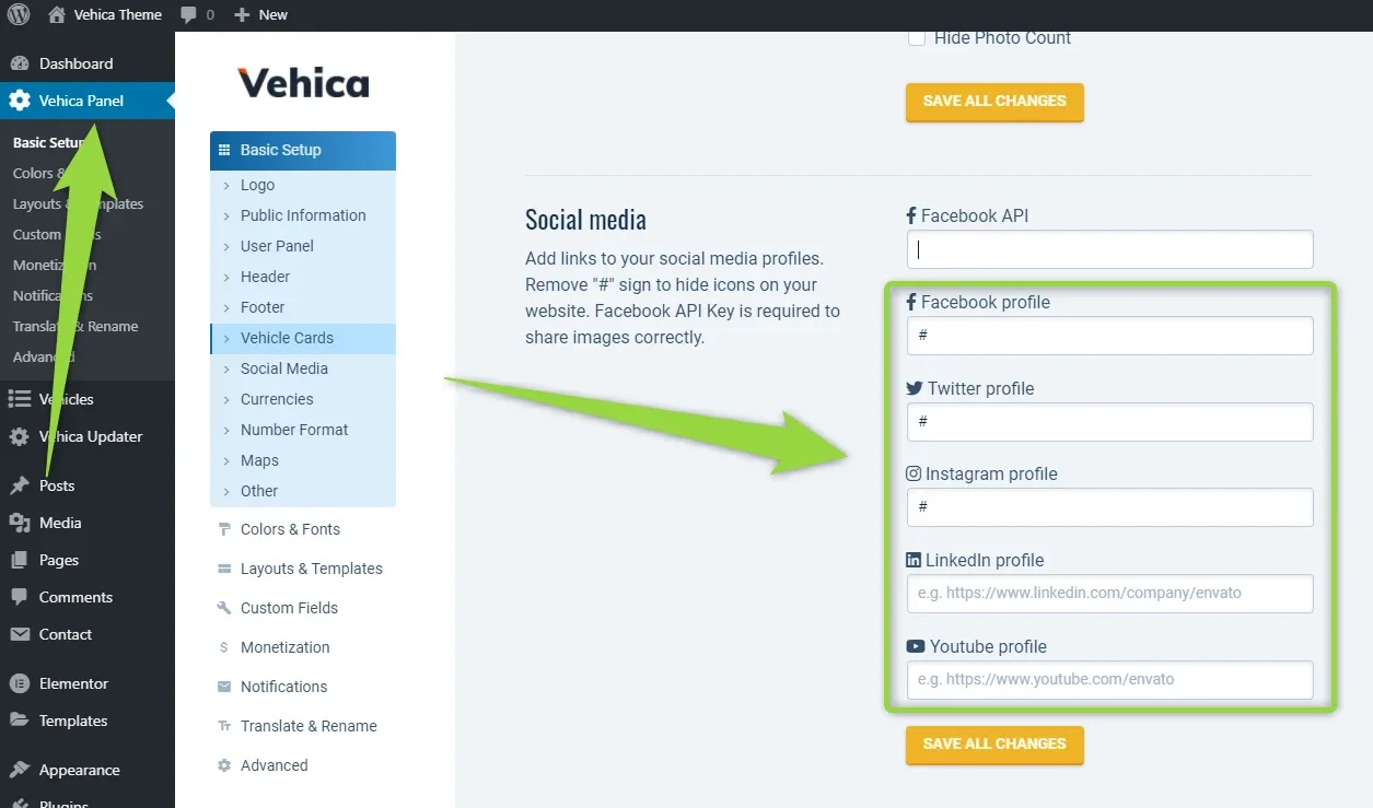 Vehica Panel open on Basic Setup; the Social media section lists a Facebook API field followed by highlighted Facebook, Twitter, Instagram, LinkedIn and YouTube profile fields, with a Save all changes button below.