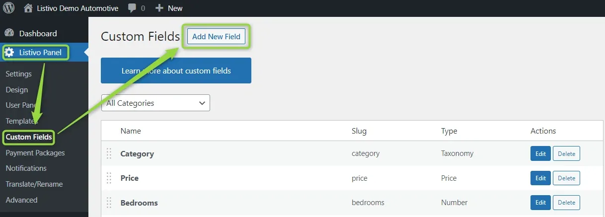 WordPress admin with Custom Fields open under Listivo Panel and the Add New Field button highlighted