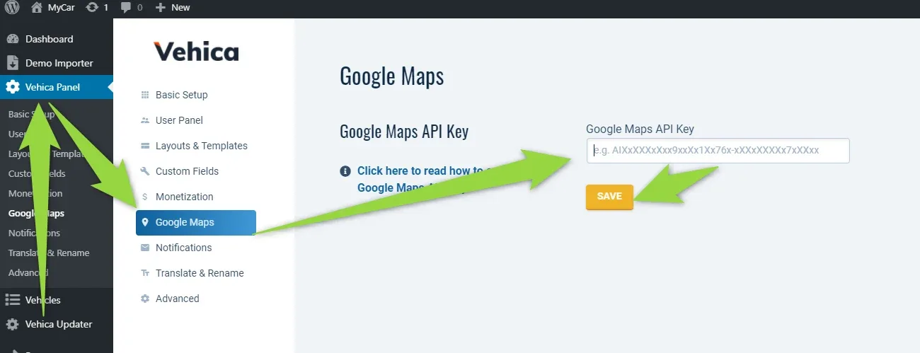 The Vehica Panel in the WordPress admin, open on the Google Maps tab, showing the empty Google Maps API Key field and an orange SAVE button.