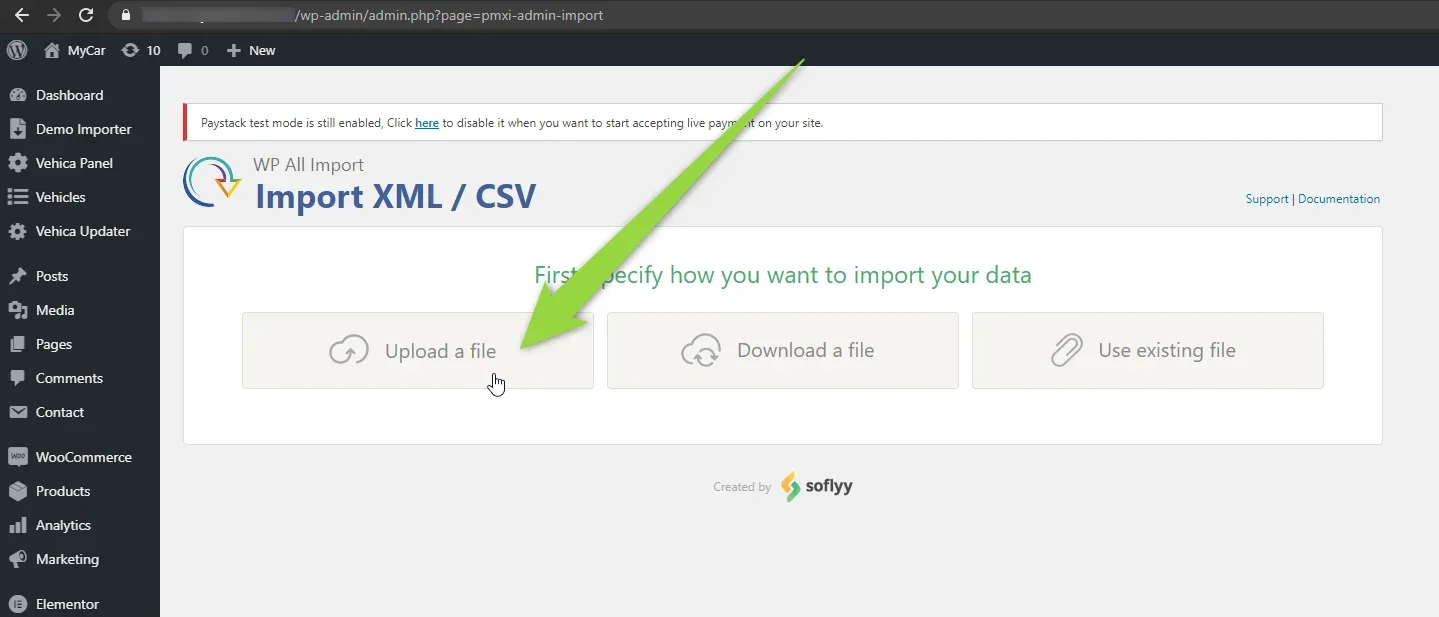 WP All Import's Import XML / CSV screen with an arrow pointing to the Upload a file tile, next to Download a file and Use existing file
