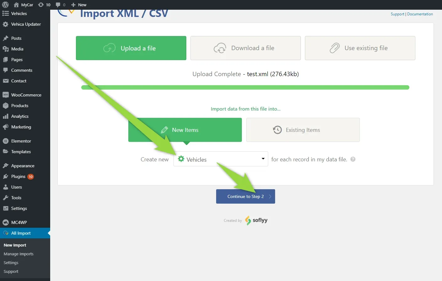 Upload complete for test.xml, with New Items selected and Vehicles chosen in the Create new dropdown above the Continue to Step 2 button