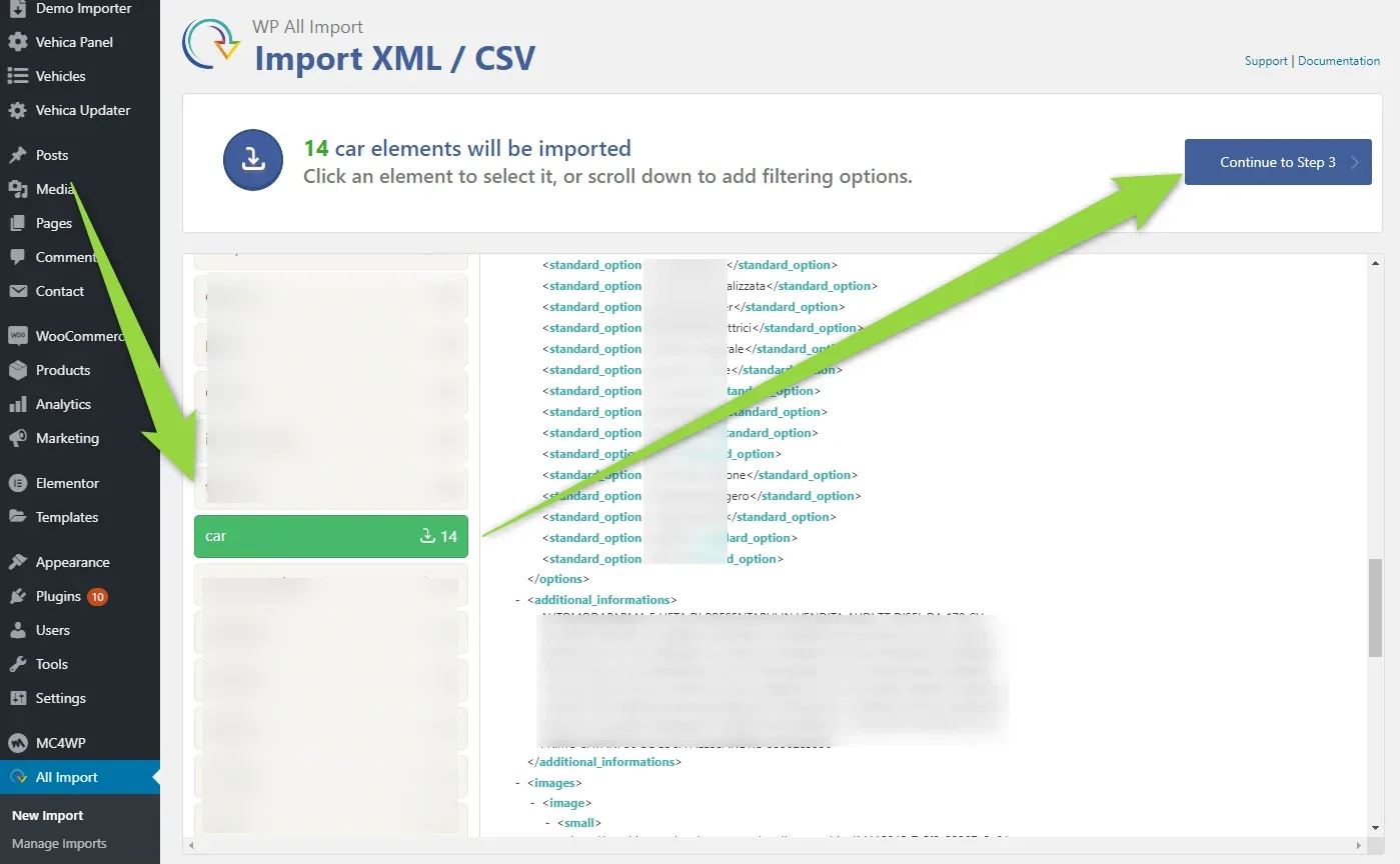 WP All Import announcing that 14 car elements will be imported, with arrows to the selected car element in the XML tree and to the Continue to Step 3 button