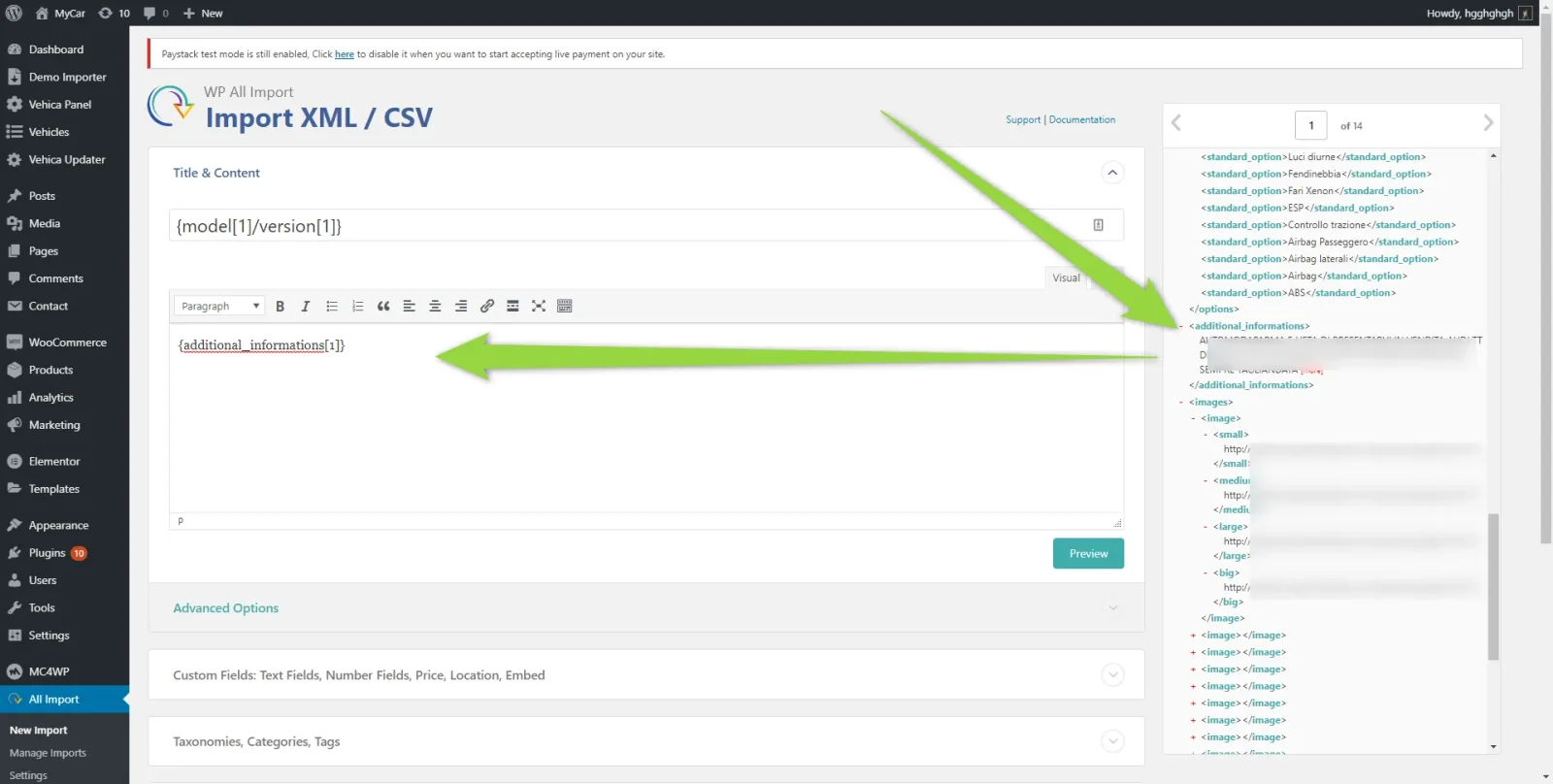 WP All Import's drag and drop screen with model and version values dropped into the Title field and an additional information value in the content editor, next to the XML element list on the right