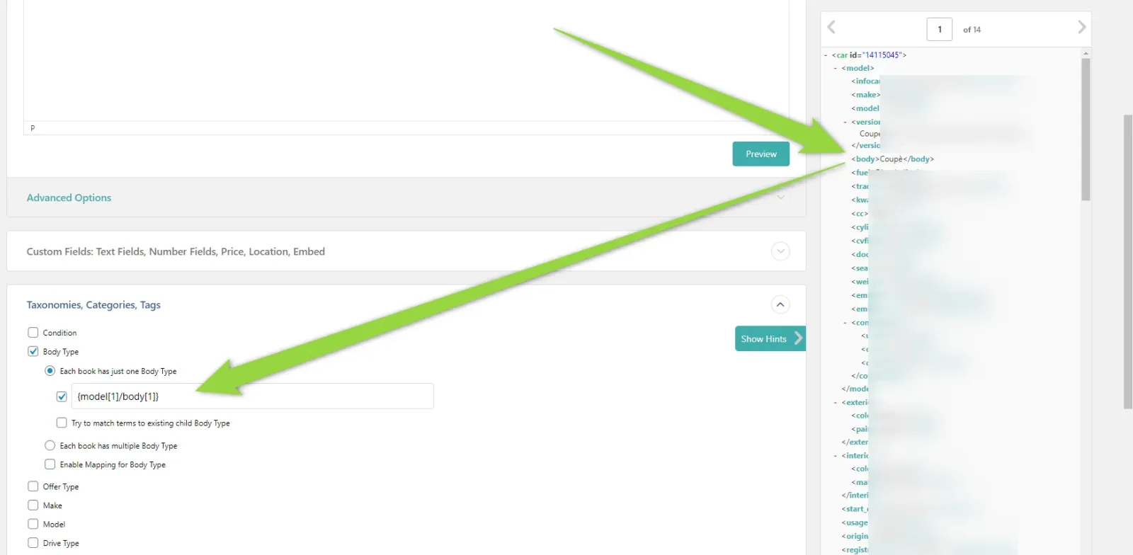 The Taxonomies, Categories, Tags panel with Body Type expanded, “Set item to just one Body Type” selected and an XML value dropped into its field