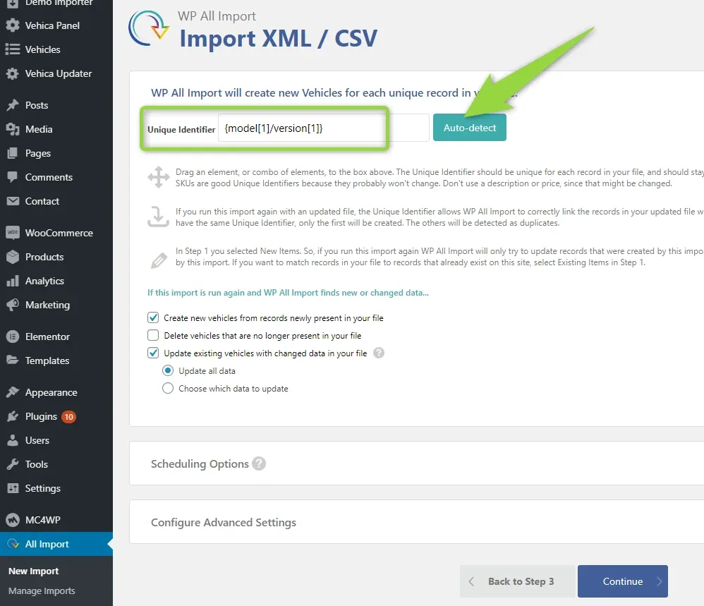Step 4 of WP All Import with a model and version value in the Unique Identifier field and an arrow pointing to the Auto-detect button