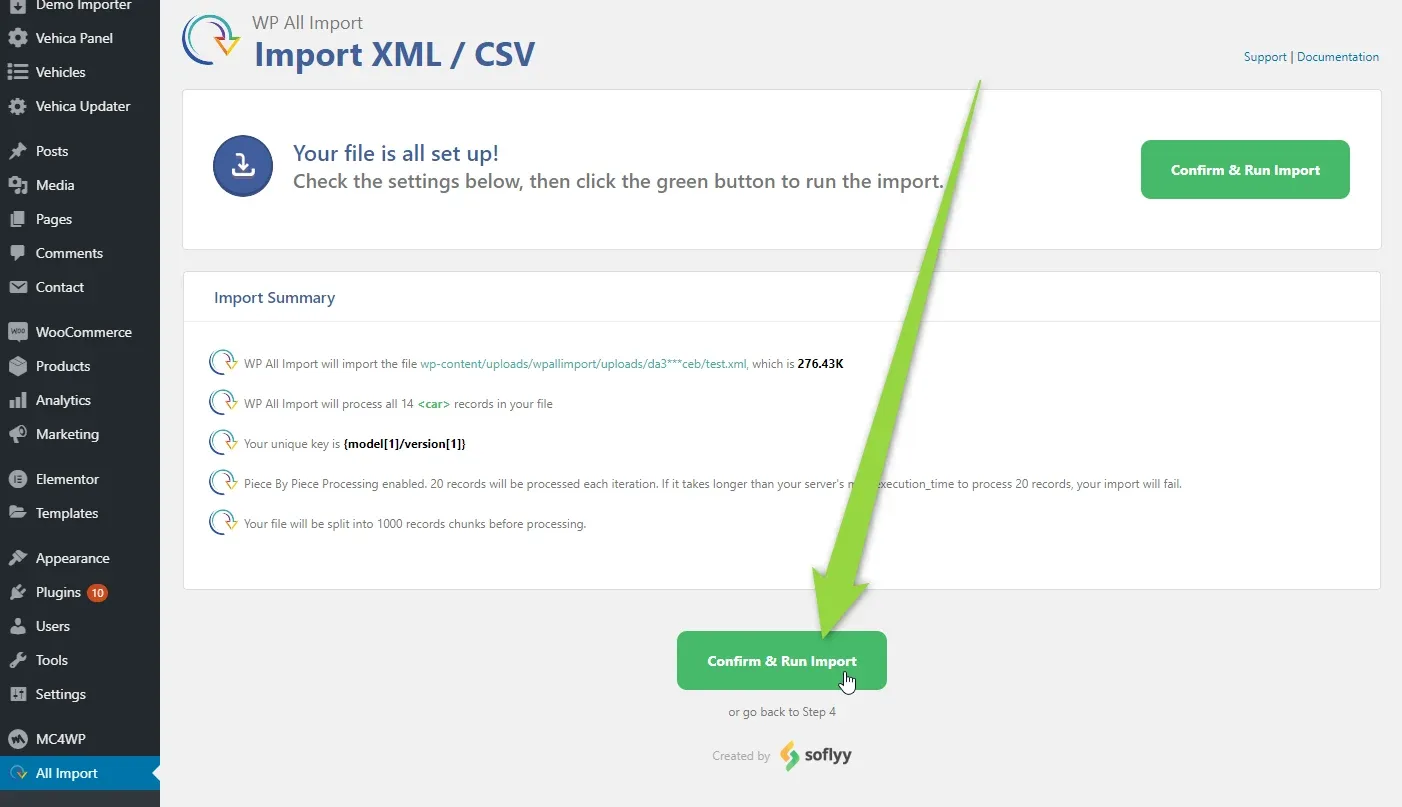 The “Your file is all set up!” confirmation screen with the import summary and an arrow pointing to the green Confirm & Run Import button