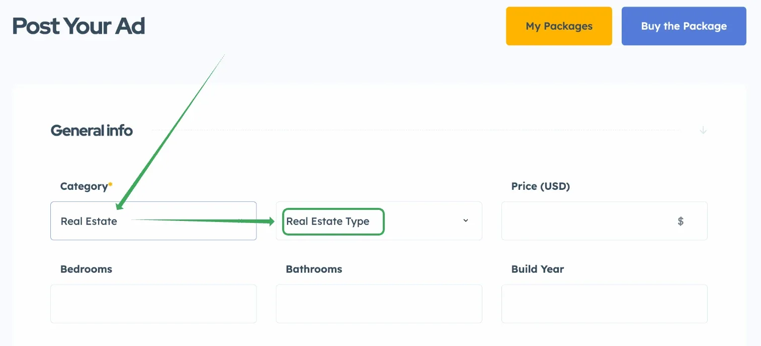The Post Your Ad form with Real Estate in the Category field and the subcategory dropdown next to it now showing the placeholder "Real Estate Type".