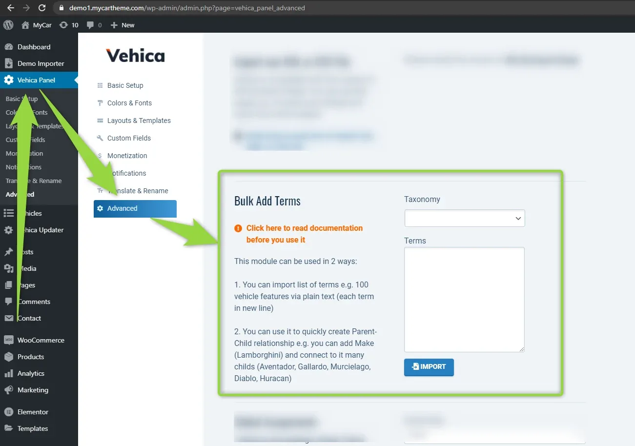 Vehica Panel > Advanced with arrows pointing to the Bulk Add Terms panel, which holds a Taxonomy dropdown, a Terms box and an Import button