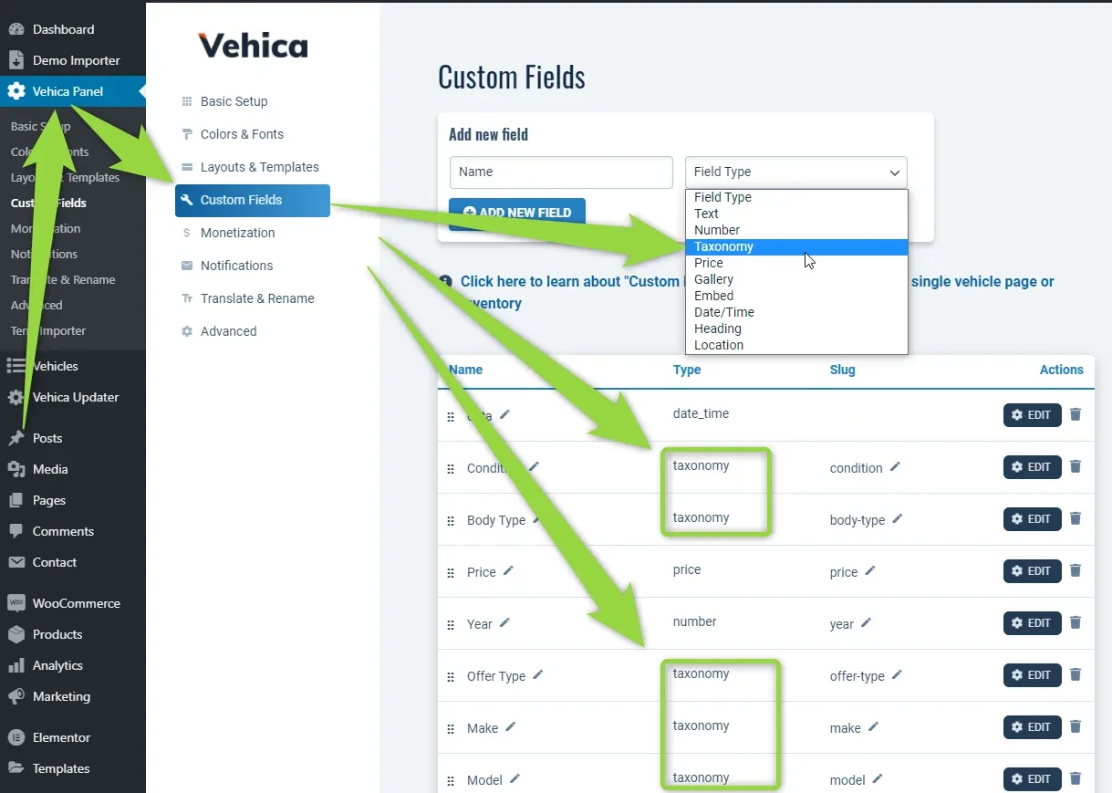 Vehica Panel > Custom Fields with the Field Type dropdown open on Taxonomy, and arrows pointing to the fields that already use the taxonomy type: Condition, Body Type, Offer Type, Make and Model